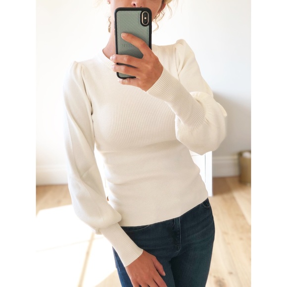 DENMARK White Puff Sleeve Fitted Ribbed Sweater - Picture 6 of 10
